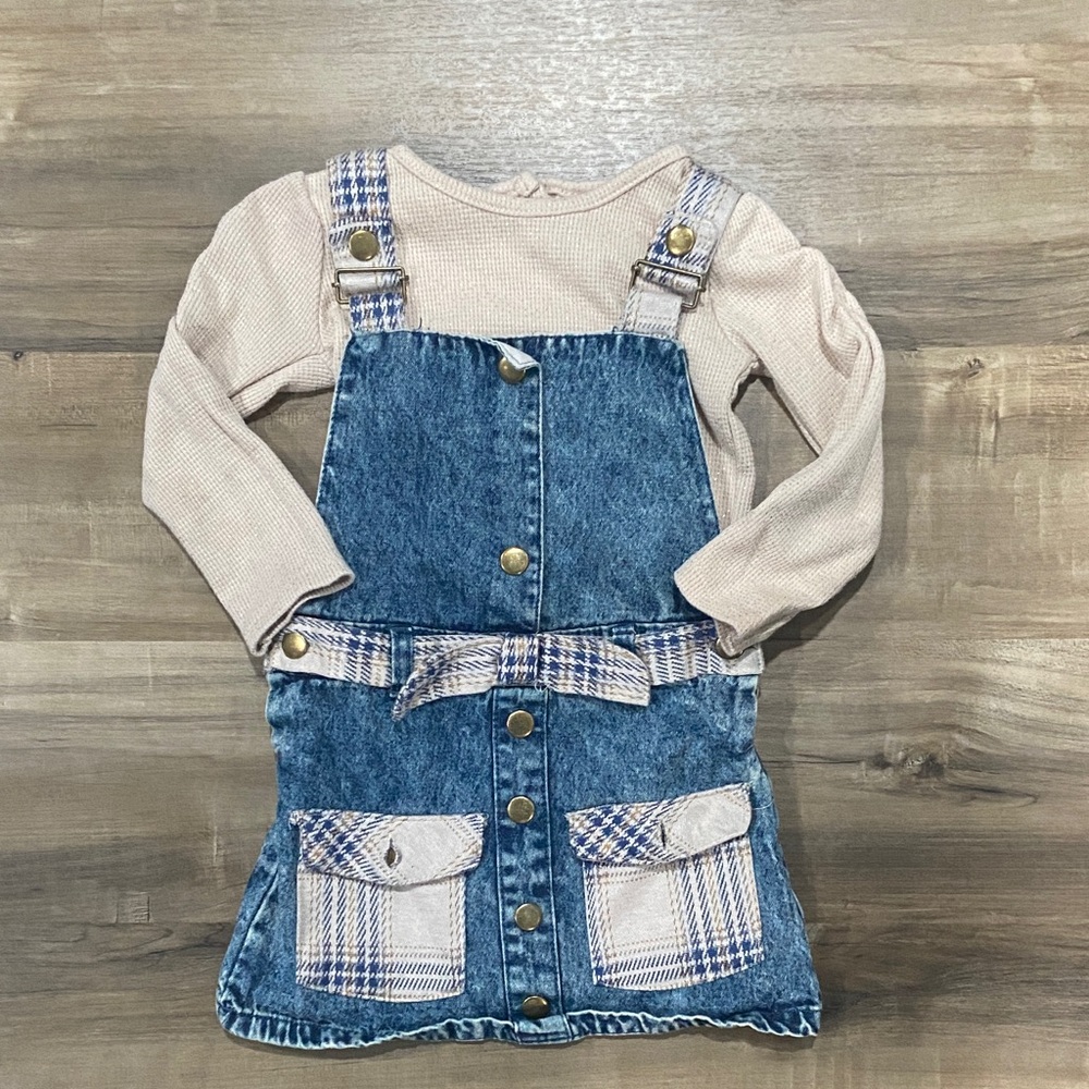 Little Lass Blue Denim Overalls with Beige Top